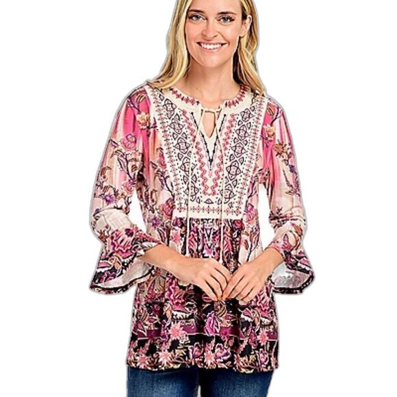 Farmers Market by One World Printed Knit Velvet Bib Bell Sleeve Top size XL - Picture 1 of 12
